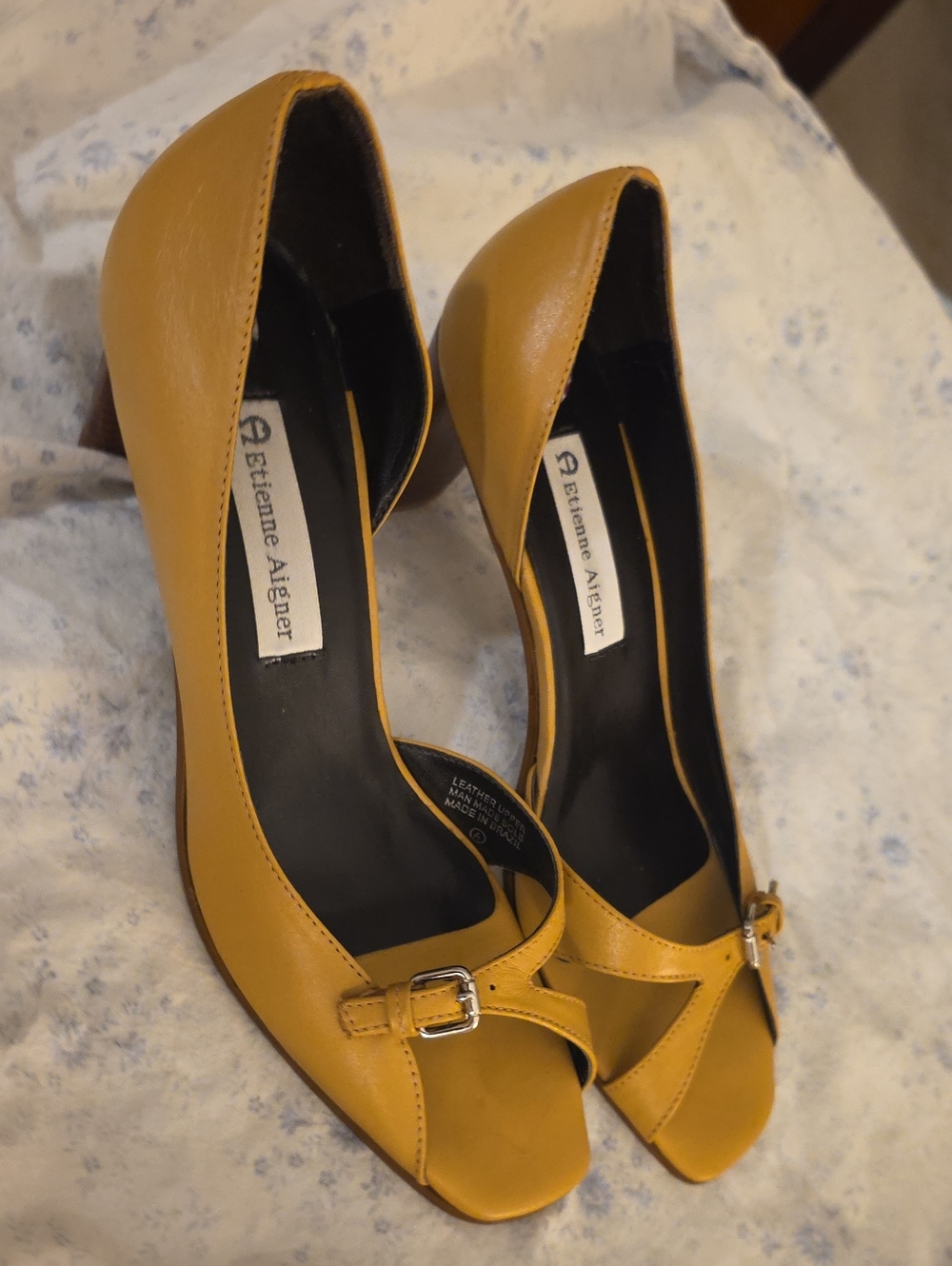 Etienne Aigner Mustard Yellow Leather Peep-Toe Pumps